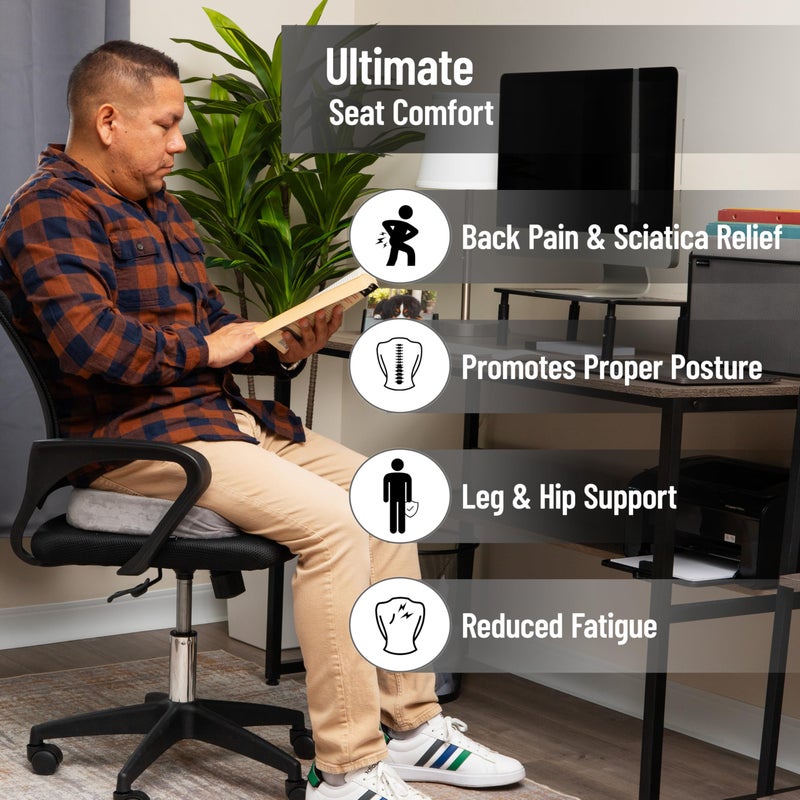 Mind Reader Memory Foam Seat Cushion, Ergonomic Pressure Relief for Office, Car, and More, Relieves Hip, Tailbone, Coccyx & Sciatica Pain, 18" L x 13.5" W x 2.75" H, Gray - Image 2