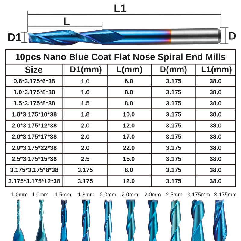 Genmitsu 10pcs 2-Flute Nano Blue Coat Flat Nose Spiral End Mill, 1/8'' Shank, 1.0mm-3.175mm Cutting Diameter, CNC Router Bits for Wood Working Acrylic MDF PVC ABS, FN10A - Image 5