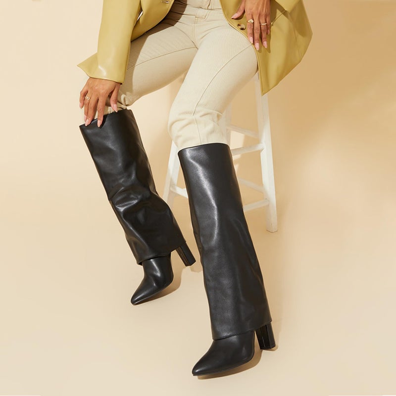 Modatope Black Womens Boots Chunky Heel Fold Over Knee High Boots Pointed Toe Dress Boots Fashion Black Tall Boots Zipper Long Boot Size 9 - Image 3