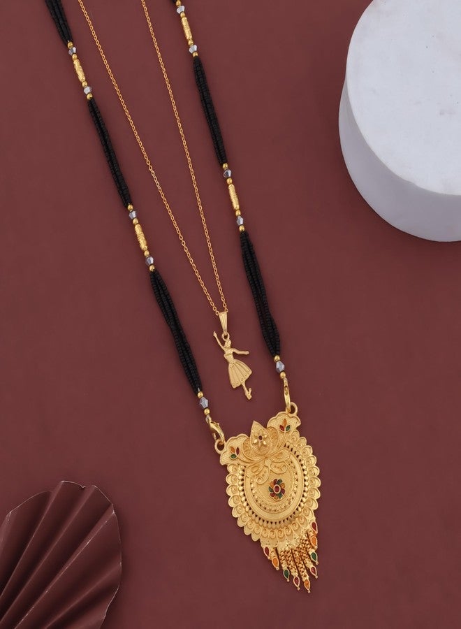 MALKYN Women's Gold Plated Traditional Indian Mangalsutra with Enamel Work and Delicate Ballerina Pendant Layered Necklace Set, Black Beaded Wedding Jewelry-MD-051 - Image 2