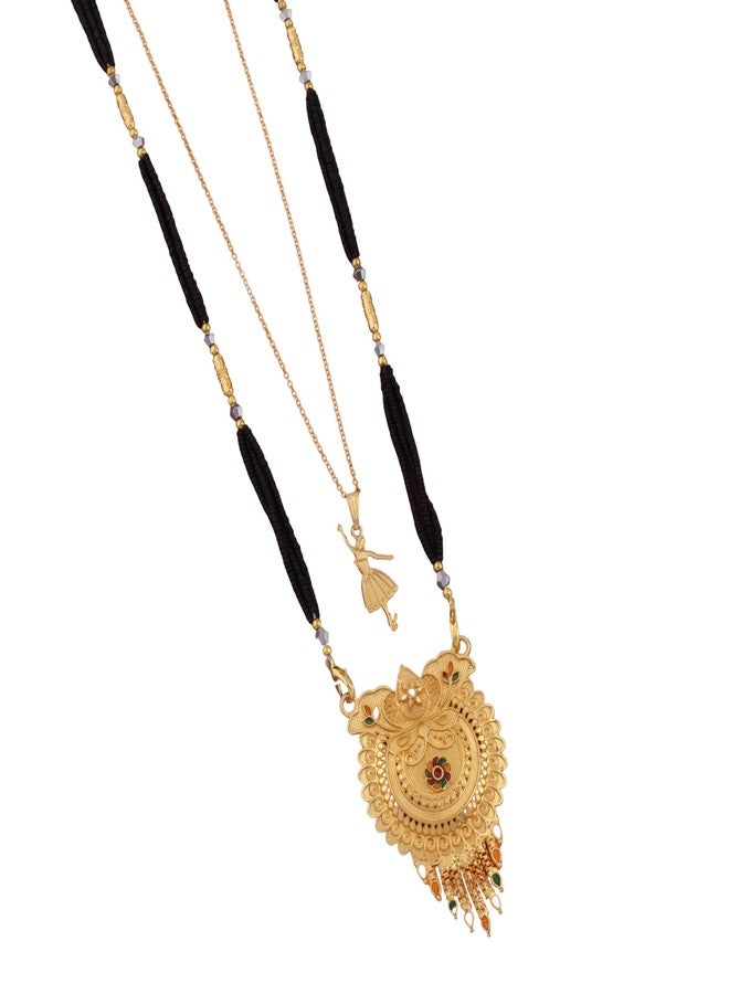 MALKYN Women's Gold Plated Traditional Indian Mangalsutra with Enamel Work and Delicate Ballerina Pendant Layered Necklace Set, Black Beaded Wedding Jewelry-MD-051 - Image 1
