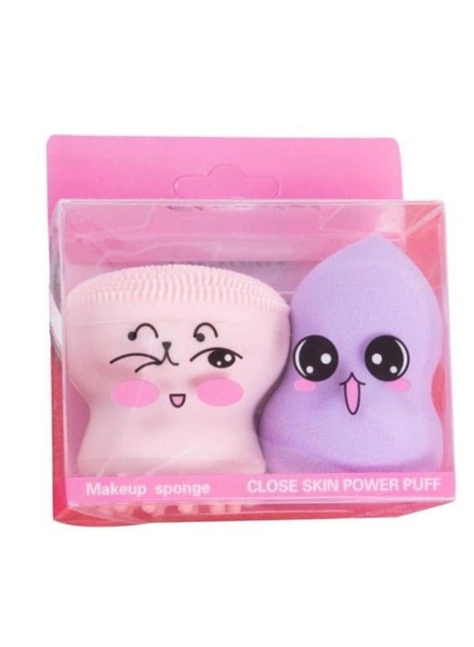 طقم إسفنجة مكياج مزدوج | بيوتي بلندر ناعمة لمزج كريم الأساس + إسفنجة سيليكون لتدليك الوجه - Image 1