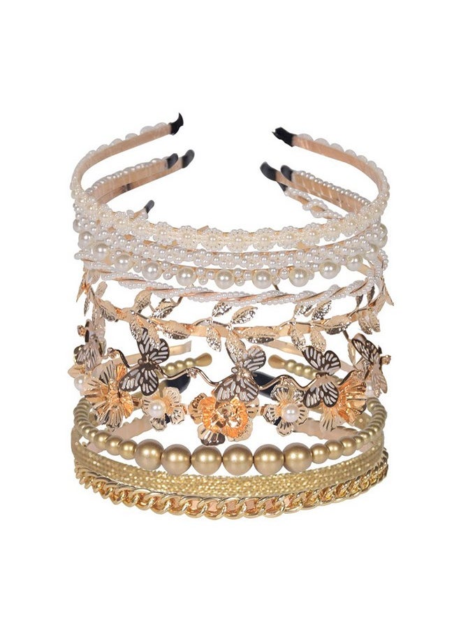 LifeDawn - 10 PCS Pearls Headband, Rhinestones, Gold Metal Headbands, White Hairbands Leaf Decor Metallic Butterfly Flower Chained Bridal Hair Hoop, Wedding Hair Accessories for Women Girls ¡ - Image 1