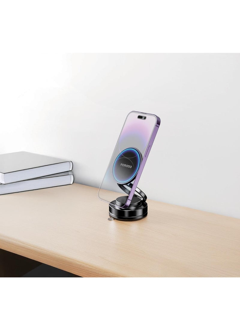 porodo Vacuum Suction Foldable Magnetic Mount / Phone Mount / Mobile Holder / Strong Magnetic Holder / Portable Phone Holder / 360° Rotation - Black  - Image 2