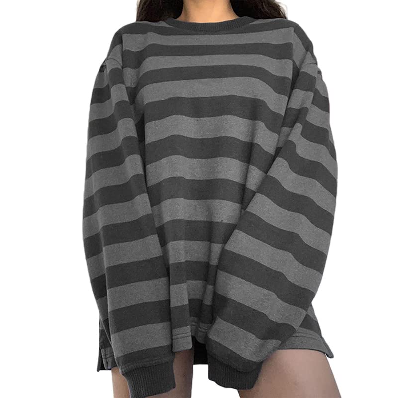 KMBANGI Women Baggy Striped Shirt Crewneck Y2k Oversized Stripes Print Top Pullovers Fairy Grunge Teen Girls Vintage Tee 2000s(B818 Grey,S) - Image 1