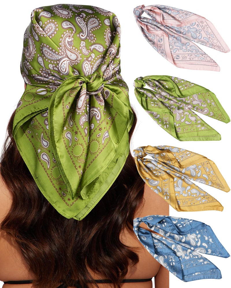 CHLINS 4 PCS 27.5 Inches Satin Head Scarf Silk Scarf for Women Lightweight Hair Bandanas Head Scarves Neck Scarf Hair Wrap (Yellow+Pink+Green+Navy) - Image 1