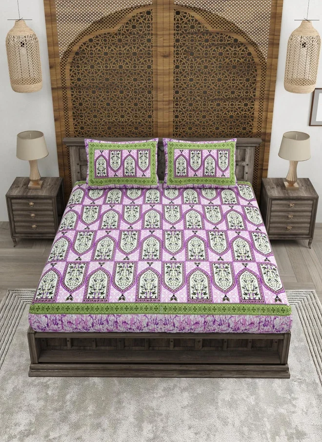 Clothology CLOTHOLOGY Purple & Green Floral Cotton 180 TC King Bedsheet Set