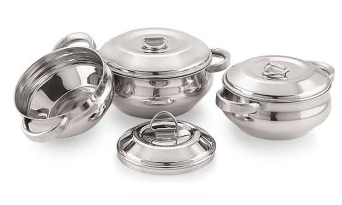 STAINLESS STEEL HANDI POT WITH LID AND HANDLE 1500ML SET OF 3 SILVER