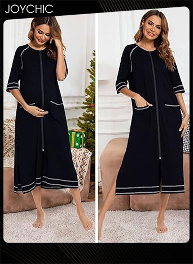 جوي شيك ملابس منزلية مريحة للنساء بألوان صلبة لفصلي الربيع والصيف بأكمام ثلاثة أرباع، بيجامة فضفاضة للحوامل بتصميم شق جانبي وزرار مع جيوب باللون الأسود - Image 1