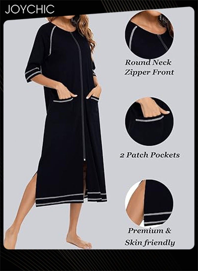 جوي شيك ملابس منزلية مريحة للنساء بألوان صلبة لفصلي الربيع والصيف بأكمام ثلاثة أرباع، بيجامة فضفاضة للحوامل بتصميم شق جانبي وزرار مع جيوب باللون الأسود - Image 2
