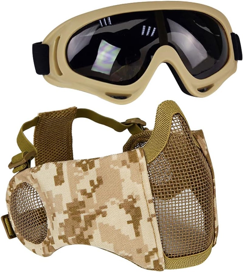 Aoutacc Airsoft Protective Gear Set, Half Face Mesh Mask with Ear Protection and Tactical Goggles for Adult Men Women BBS Paintball Shooting CS Survival Games Cosplay - Image 1