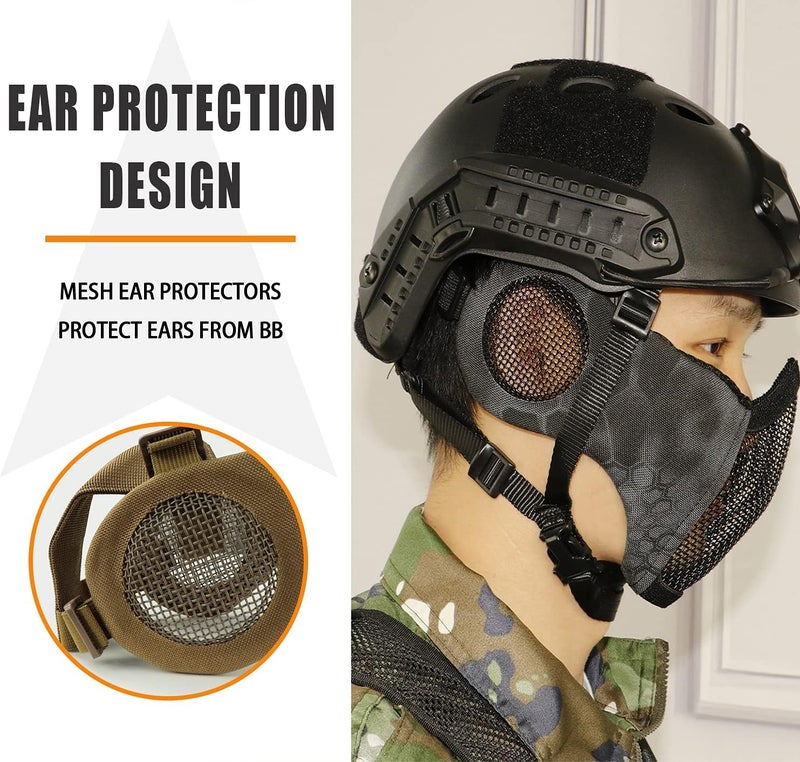 Aoutacc Airsoft Protective Gear Set, Half Face Mesh Mask with Ear Protection and Tactical Goggles for Adult Men Women BBS Paintball Shooting CS Survival Games Cosplay - Image 2
