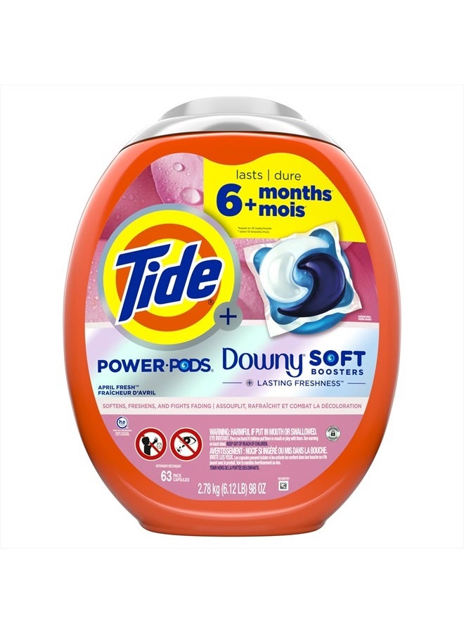 Tide كبسولات منظف الغسيل Power PODs 2 في 1 مع معززات داوني الناعمة، انتعاش يدوم طويلاً مع رائحة April Fresh، 63 كبسولة  - Image 2