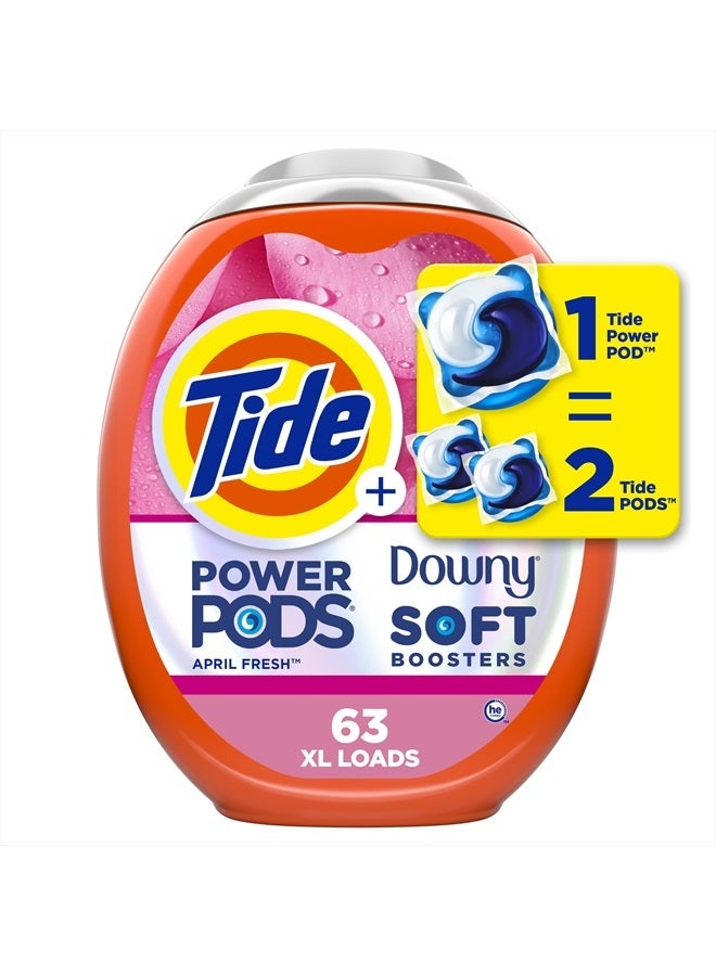 Tide كبسولات منظف الغسيل Power PODs 2 في 1 مع معززات داوني الناعمة، انتعاش يدوم طويلاً مع رائحة April Fresh، 63 كبسولة  - Image 1