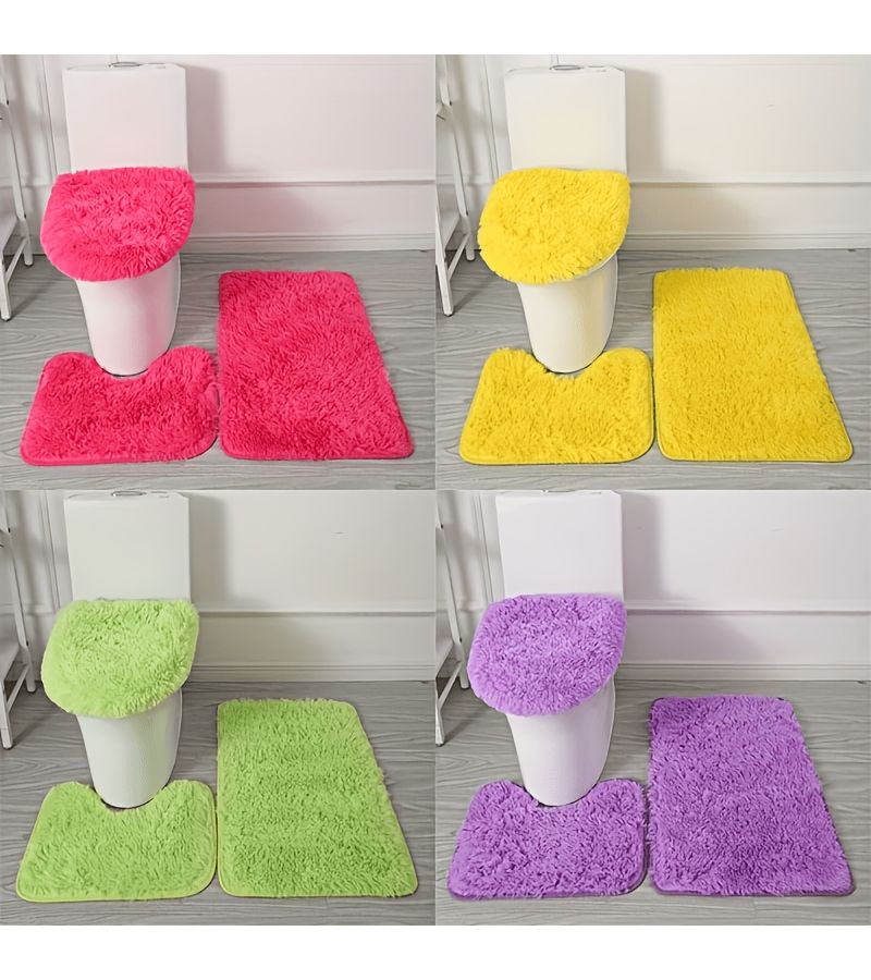 3 Fluffy Ultra Soft Non Slip Bath Mats Set Solid Velvet Bathroom Rugs For Bathtub Shower And Toilet Purple - Image 1