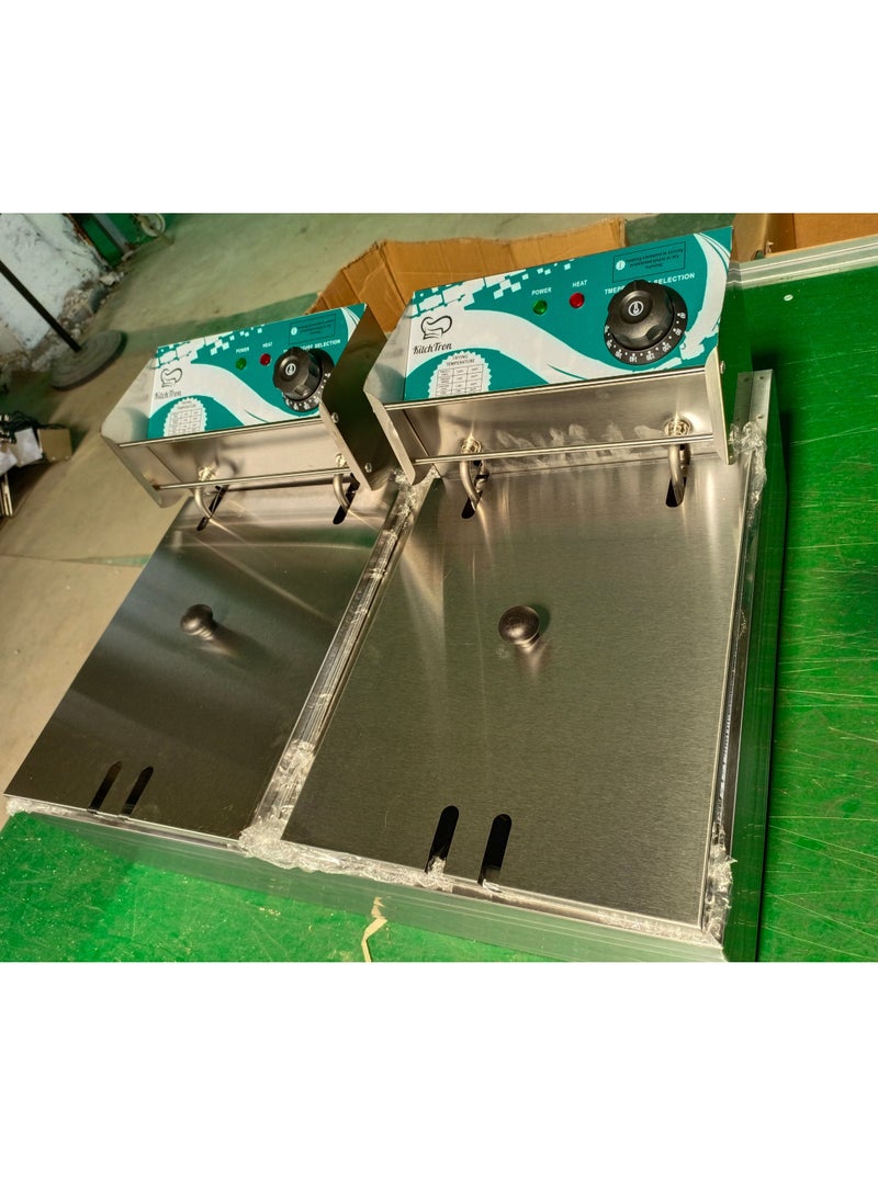 KitchTron - Double Deep Fryer Stylish Green Panel ,Stainless Steel Dual Tank Fryer with 2 Baskets.Dual Adjustable Temperature Control. Ideal for Home and Commercial Restaurants. 6Lx2, 2500W with Lids. - Image 1