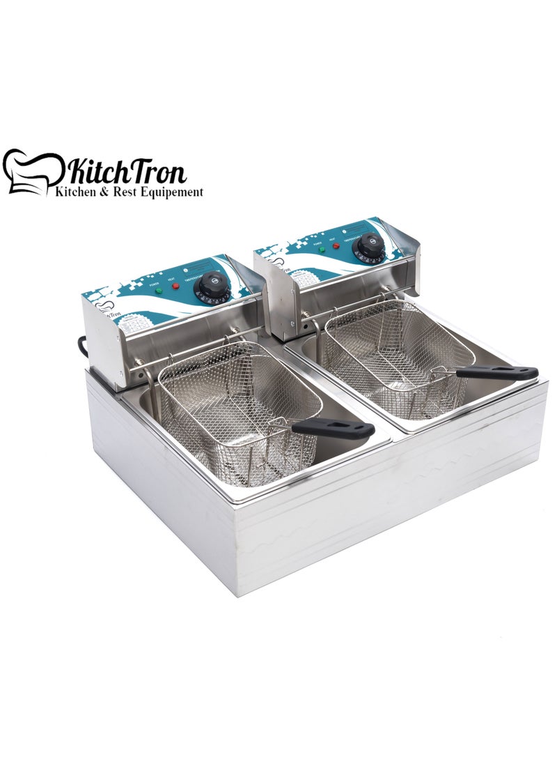 KitchTron - Double Deep Fryer Stylish Green Panel ,Stainless Steel Dual Tank Fryer with 2 Baskets.Dual Adjustable Temperature Control. Ideal for Home and Commercial Restaurants. 6Lx2, 2500W with Lids. - Image 1