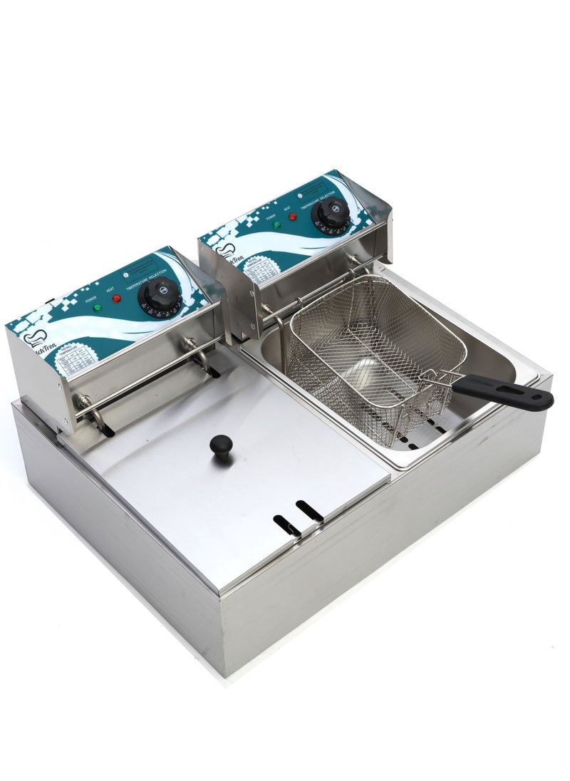 KitchTron - Double Deep Fryer Stylish Green Panel ,Stainless Steel Dual Tank Fryer with 2 Baskets.Dual Adjustable Temperature Control. Ideal for Home and Commercial Restaurants. 6Lx2, 2500W with Lids. - Image 1