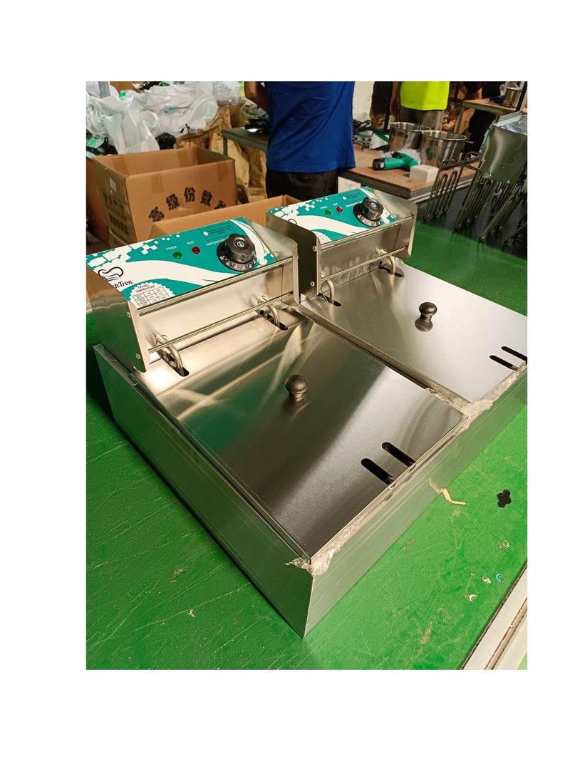 KitchTron - Double Deep Fryer Stylish Green Panel ,Stainless Steel Dual Tank Fryer with 2 Baskets.Dual Adjustable Temperature Control. Ideal for Home and Commercial Restaurants. 6Lx2, 2500W with Lids. - Image 1