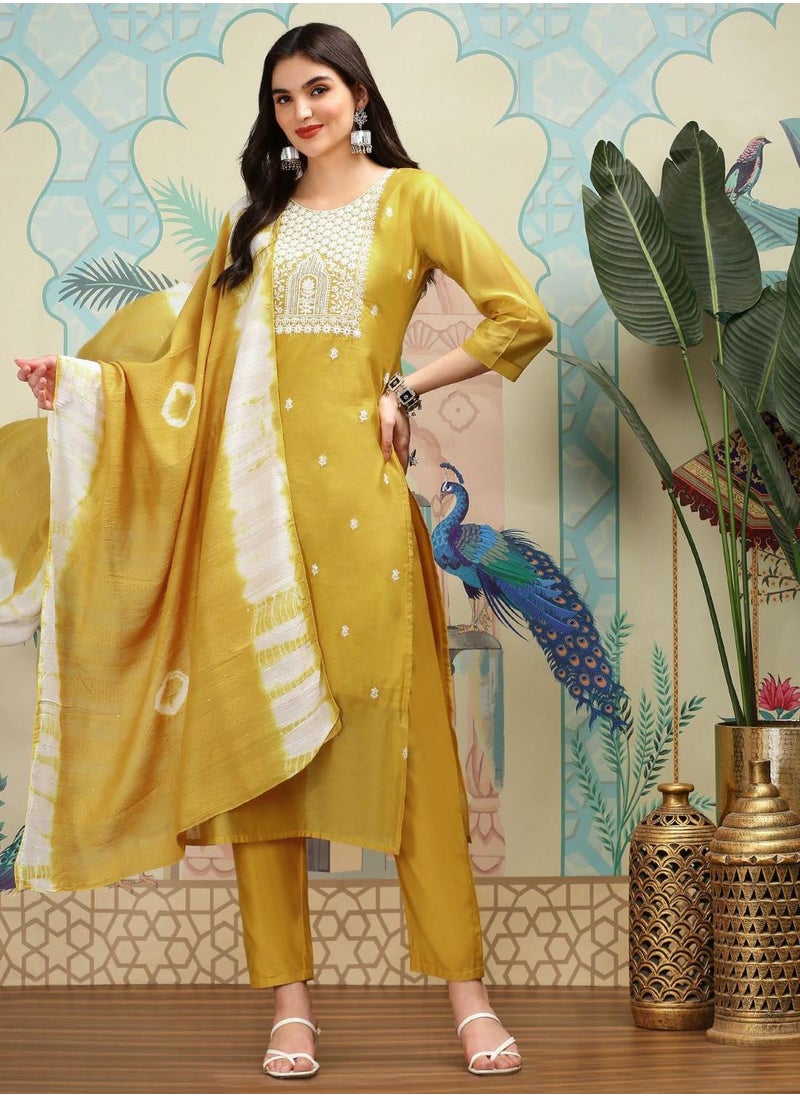 ISHIN Women's Mustard Modal Fabric Embellished Tunic Full Length Casual Straight Fit Kurta Set  - Image 5