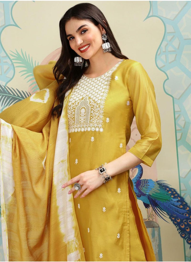 ISHIN Women's Mustard Modal Fabric Embellished Tunic Full Length Casual Straight Fit Kurta Set  - Image 1