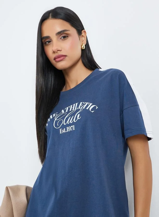 Styli Blue Slogan Oversized Cotton T-Shirt