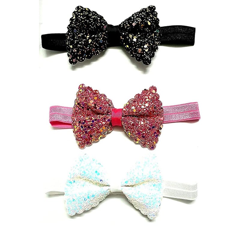 HOMEMATES 3 Pcs Fancy Stylish Hair Band Ribbon Glitter Bow Band Multicolor Baby Girls Kids Elastic Headband Hair Accessories - Image 3