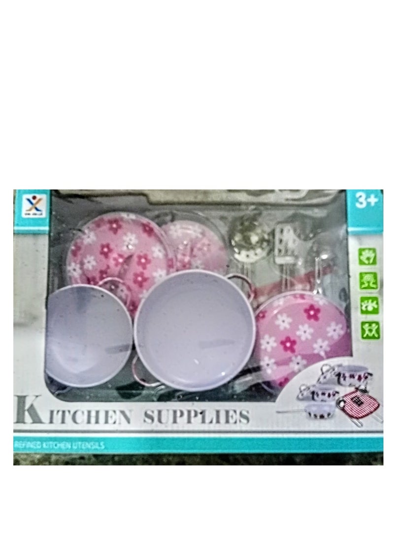 مجموعة مطبخ اللعب الزهري الوردي: قدران، مقلاة، و3 أدوات - ألعاب طبخ تظاهرية للأطفال