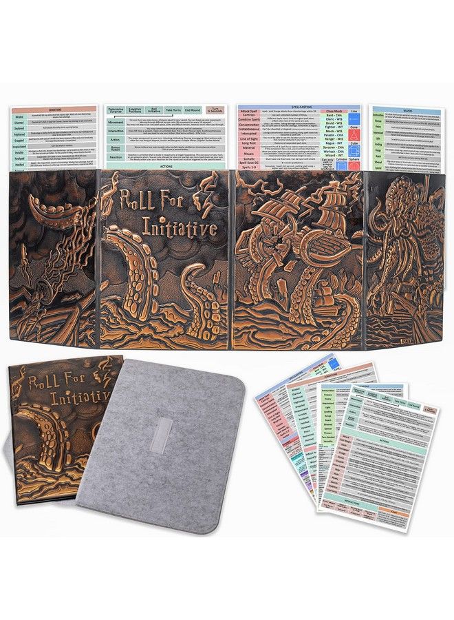 CZYY شاشة مدير الزنزانة Dnd بأربعة ألواح مع جيوب جلد صناعي مزخرف بتقنية 3D مع إدراج شاشة DM وحافظة تخزين تتضمن كاثولو - Image 1