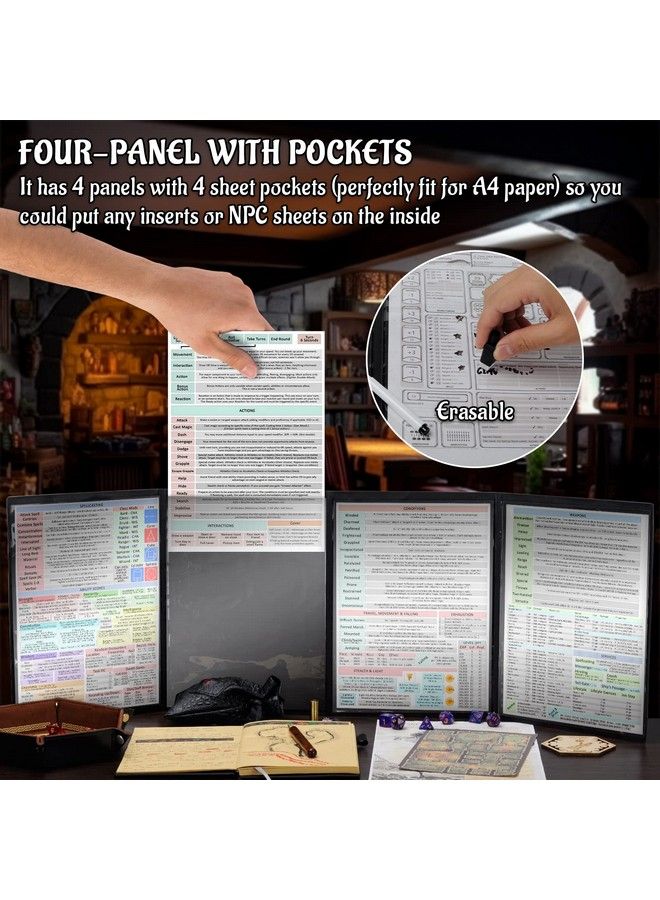 CZYY شاشة مدير الزنزانة Dnd بأربعة ألواح مع جيوب جلد صناعي مزخرف بتقنية 3D مع إدراج شاشة DM وحافظة تخزين تتضمن كاثولو - Image 5