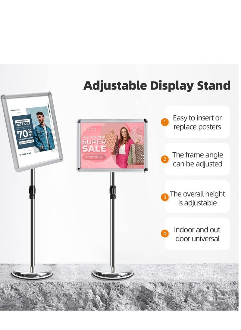 SYOSI - A3 Sign Stand Adjustable Poster Aluminum Snap Frame Menu Replaceable Advertising Rack Floor Display Stands with Safety Corner and Stable Round Base (Silver, A3) - Image 1