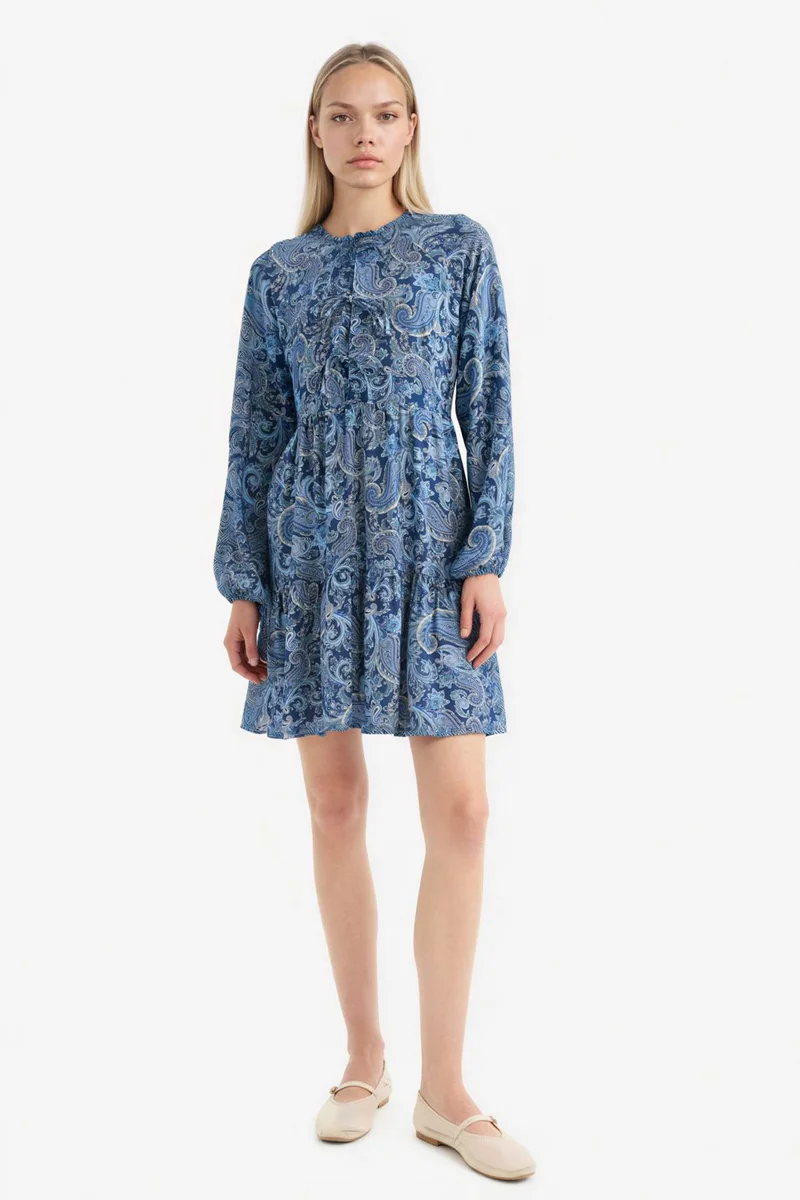 ديفاكتو Crew Neck Patterned Long Sleeve Mini Dress