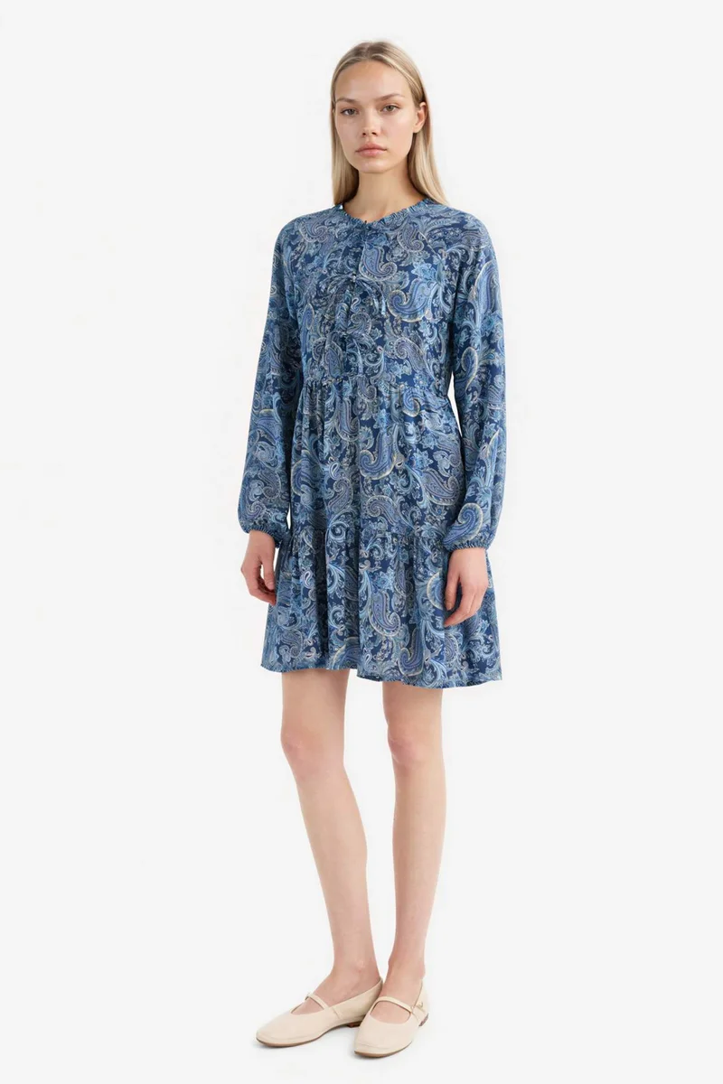 ديفاكتو Crew Neck Patterned Long Sleeve Mini Dress