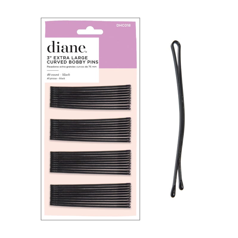 Diane 3 Curved Black Bobby Pins for Women Girls Salon Hairdressing Rollers Long and Thick Hair Large Flat Hair Pins with Ball Tips for Securing Updos Flyaways 40 Count