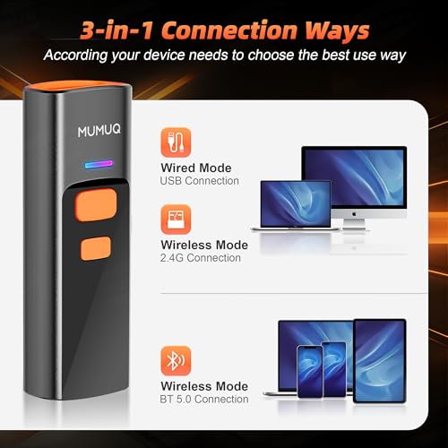MUMUQ Wireless Barcode Scanner Mini Bluetooth 1D 2D QR Bar Code Scanner 3-in-1 Bluetooth & 2.4G & USB Wire Barcode Reader Compatible with Windows Android iOS Tablet PC (with Charging Dock) - Image 2