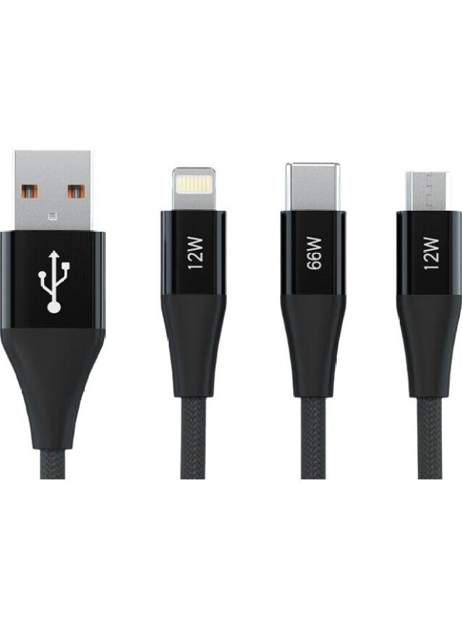 Newmine 3-In 66W Super Fast Charging Cable, Multi-Port Fast Charging Cord, Compatible With Apple, Huawei, Xiaomi, Car Use, Braided Black [Apple + Android + Type-C] - Image 2