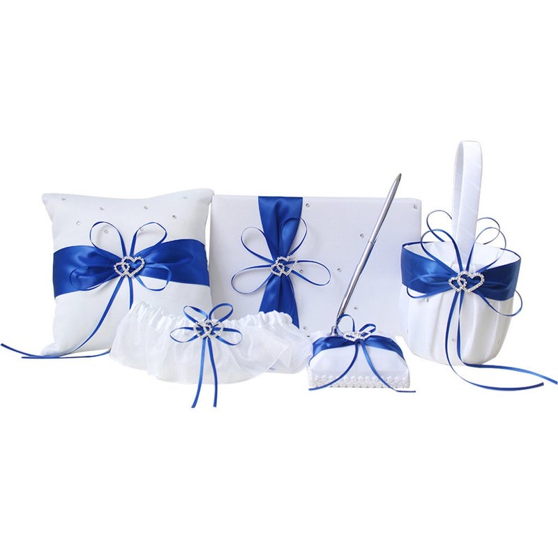 Amajoy 5pcs Sets Wedding Guest Book  Pen Set  Flower Basket  Ring Pillow  Garter White Cover Double Heart Rhinestone Decor Royal Blue Ribbon Bowknot Elegant Wedding Ceremony