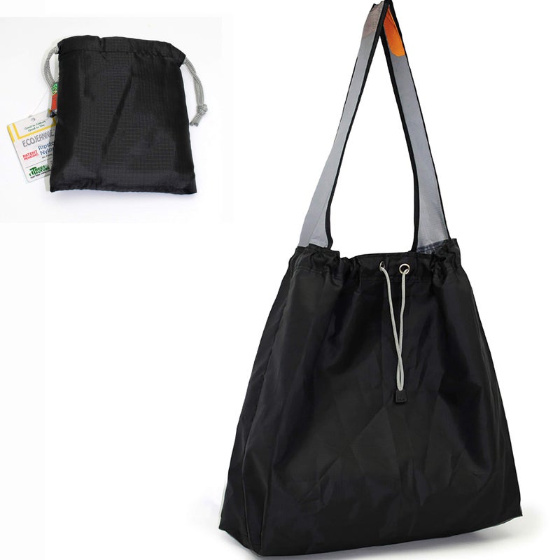 EcoJeannie ECOJEANNIE PATENT PENDING 1 Pack  Large Super Strong Ripstop Nylon Foldable Drawstring Reusable Shopping Bag Grocery Tote Bag with BuiltIn Pouch and Inner Pocket NR0006 Black