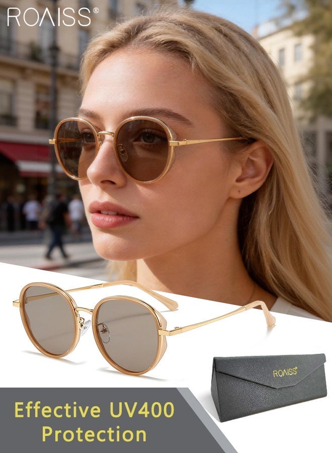 رويس نظارات شمسية مستديرة للنساء مزودة بزجاج مستقطب، توفر حماية من الأشعة فوق البنفسجية UV400، نظارات شمسية عصرية مناسبة للتسوق والحفلات والسفر، مزودة بحافظة، قطر العدسة 53 مم - Image 1