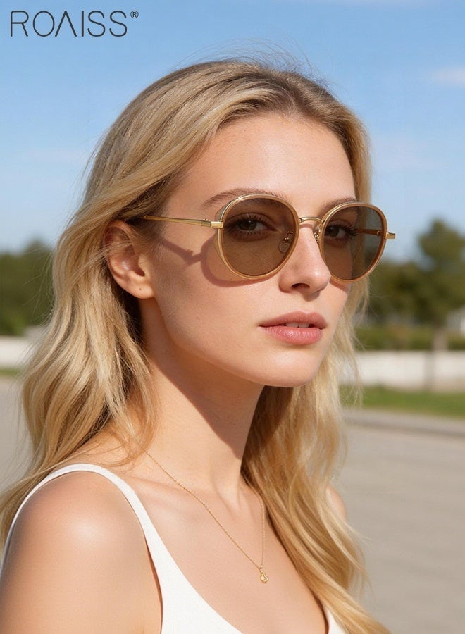رويس نظارات شمسية مستديرة للنساء مزودة بزجاج مستقطب، توفر حماية من الأشعة فوق البنفسجية UV400، نظارات شمسية عصرية مناسبة للتسوق والحفلات والسفر، مزودة بحافظة، قطر العدسة 53 مم - Image 2