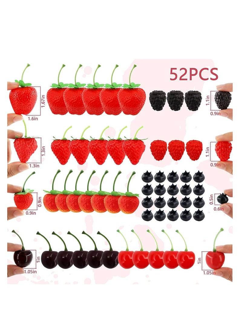 52 PCS Artificial Fake Fruit, Includes Fake Strawberries Fake Blueberries Fake Raspberries Fake Cherries, Reusable Waterproof Plastic Cake Dessert Party Home Kitchen Decoration, Photography Props