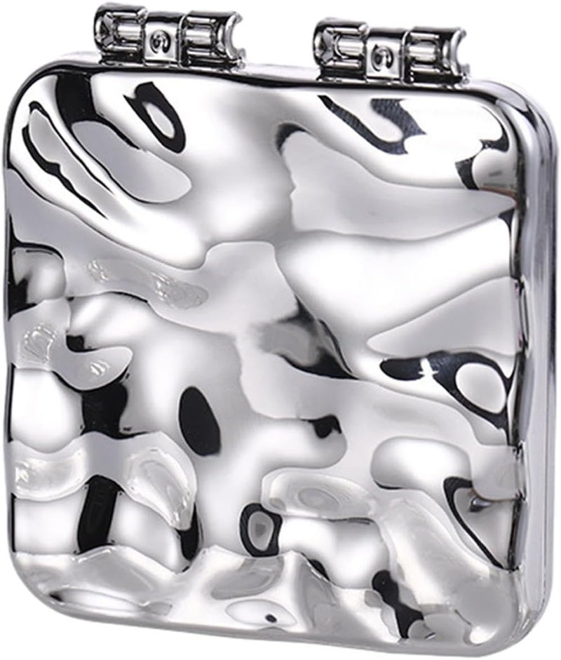 Scarlet Line Plastic Small Double Sided Foldable Purse Mirror for Women Square Shape Magnifying Hand Mirror for Makeup Handy Compact Travel Mirror_Silver - Image 1