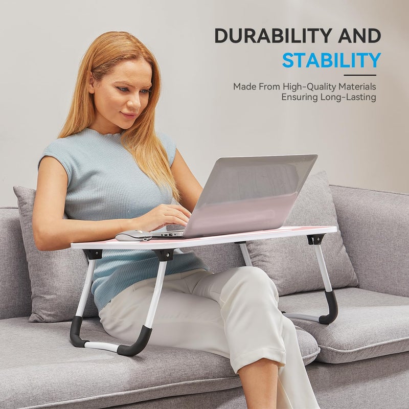 BUYIFY Folding Lap Desk, 23 Inch Portable Wood Blue Laptop Bed Desk Lap Desk with Cup Holder, for Working Reading Writing, Eating, Watching Movies for Bed Sofa Couch Floor -new008 Pink - Image 2
