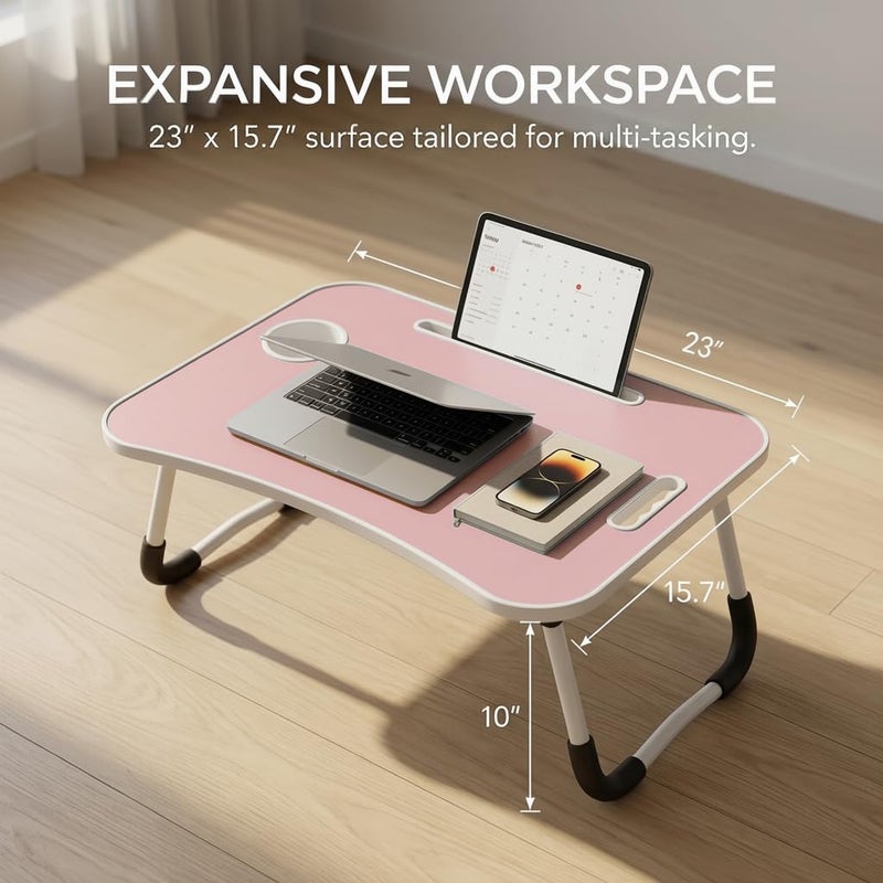 BUYIFY Folding Lap Desk, 23 Inch Portable Wood Blue Laptop Bed Desk Lap Desk with Cup Holder, for Working Reading Writing, Eating, Watching Movies for Bed Sofa Couch Floor -new008 Pink - Image 4