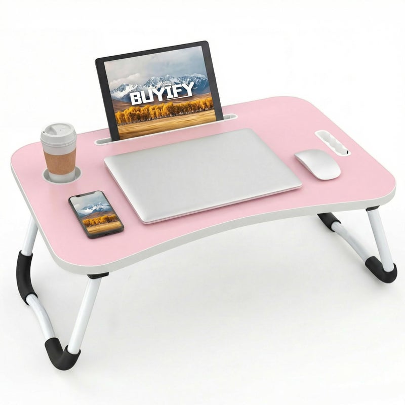 BUYIFY Folding Lap Desk, 23 Inch Portable Wood Blue Laptop Bed Desk Lap Desk with Cup Holder, for Working Reading Writing, Eating, Watching Movies for Bed Sofa Couch Floor -new008 Pink - Image 1