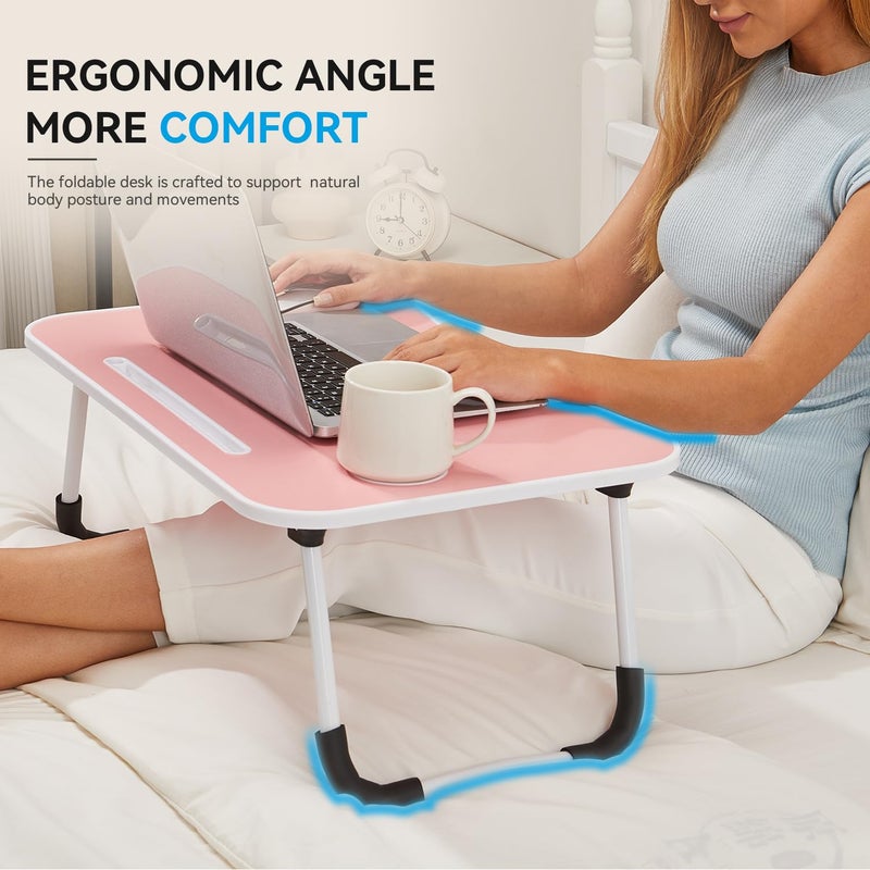 BUYIFY Folding Lap Desk, 23 Inch Portable Wood Blue Laptop Bed Desk Lap Desk with Cup Holder, for Working Reading Writing, Eating, Watching Movies for Bed Sofa Couch Floor -new008 Pink - Image 3