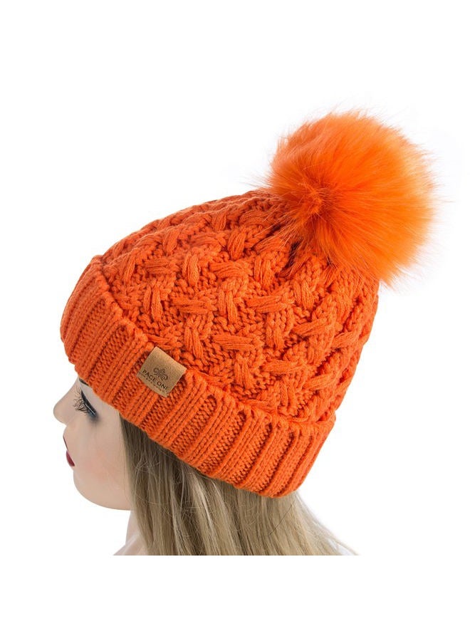 PAGE ONE Womens Winter Ribbed Beanie Crossed Cap Chunky Cable Knit Pompom Soft Warm Hat, Orange, One size - Image 3