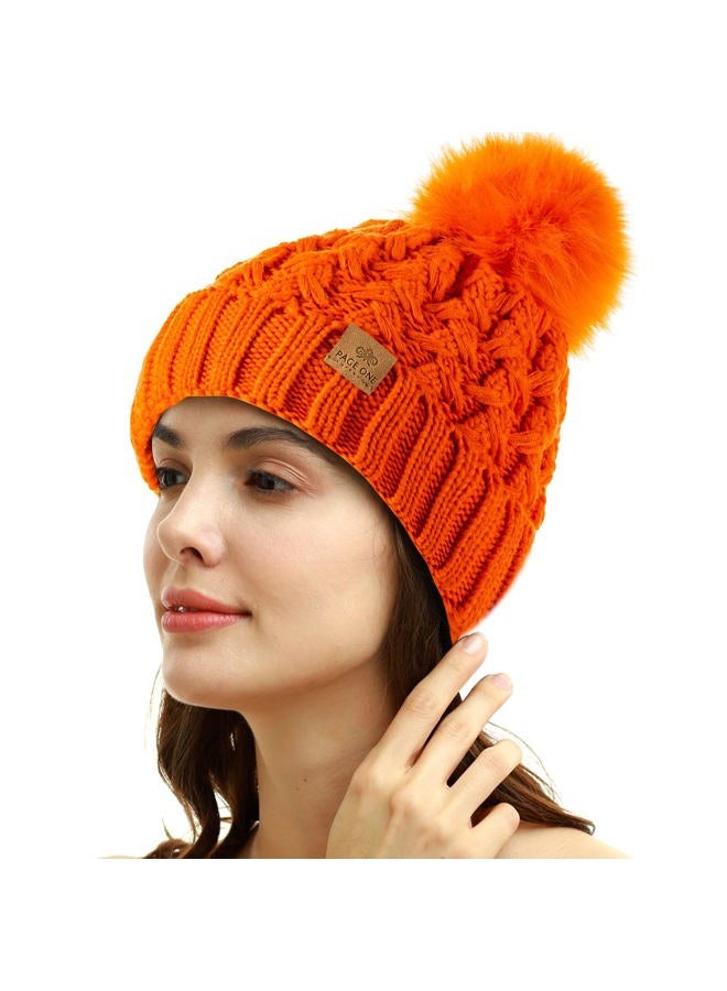 PAGE ONE Womens Winter Ribbed Beanie Crossed Cap Chunky Cable Knit Pompom Soft Warm Hat, Orange, One size - Image 2