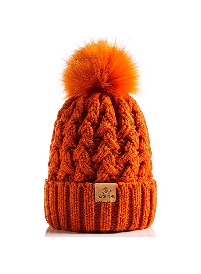 PAGE ONE Womens Winter Ribbed Beanie Crossed Cap Chunky Cable Knit Pompom Soft Warm Hat, Orange, One size - Image 1