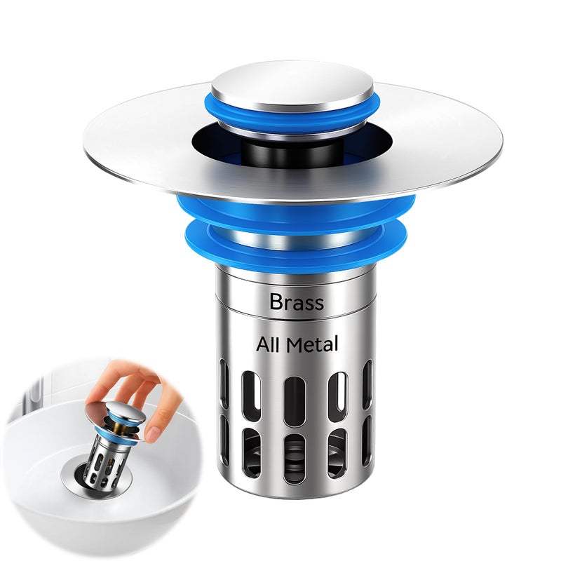 BYDA All Metal - Bathroom Sink Stopper,Universal Pop Up Bathroom Sink Drain Strainer with Removable Stainless Steel Filter Basket Hair Catcher, Sink Plug for 1.05''~1.8'' Basin. - Image 1